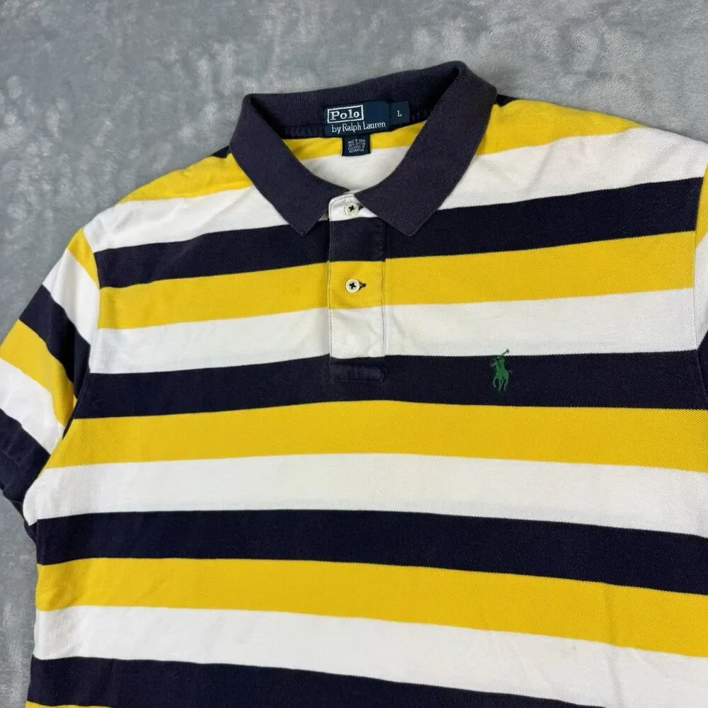 Vintage Polo Ralph Lauren Striped Polo Shirt Mens Large Yellow Navy White Pony